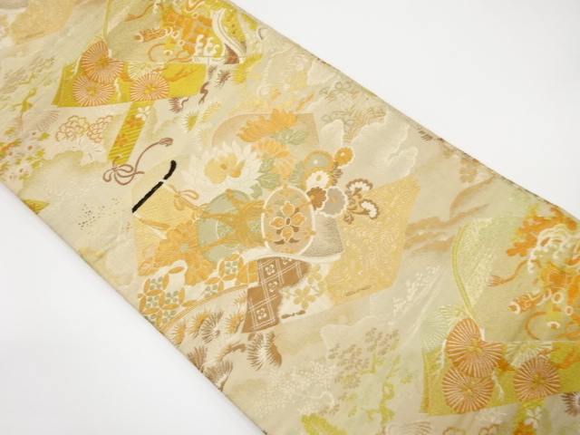 アンティーク　読み本に鼓・草花模様織り出し丸帯（材料）